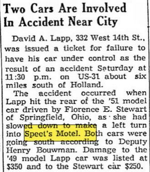Speets Modern Motel (Websters Inn) - May 1953 Article On Accident